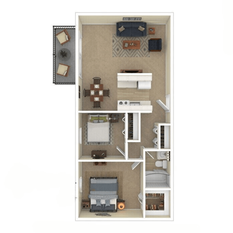 Floor plan for 2 beds, 1 bath, 774 sqft